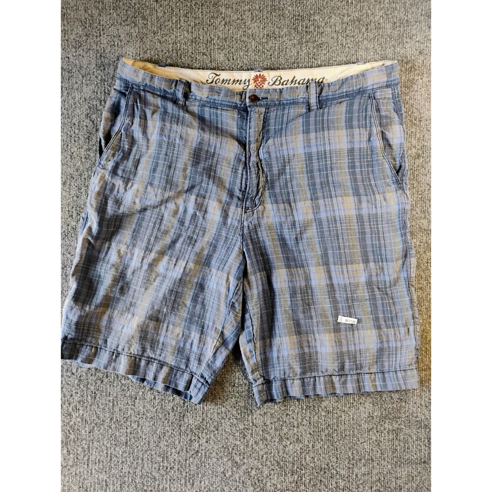 Tommy Bahama Linen Silk Plaid Shorts Mens 38 Blue Casual Flat Front